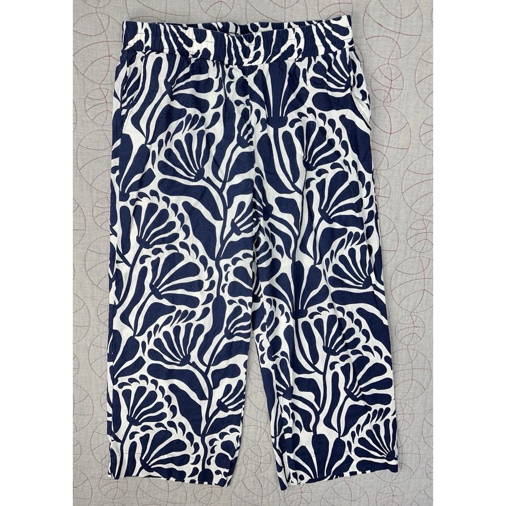 Christian Siriano Wide Leg Linen Blend Navy Cream Floral Pants / Women's Large